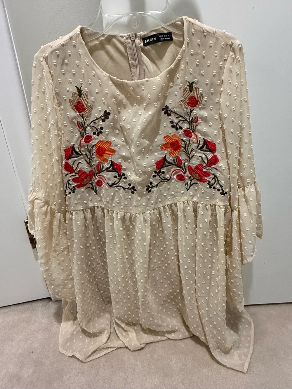 SHEIN Cream Textured Floral Embroidered Peplum Dress